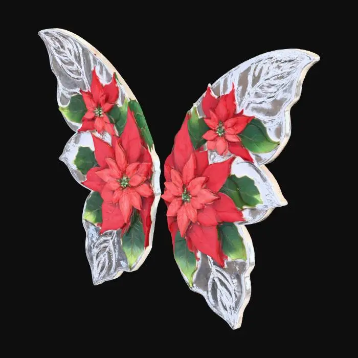 3D model for on a crisp white background, facing the viewer are large simplistic fairy wings with vibrant poinsettia red and green leaf motif made from very thick etched porcelain