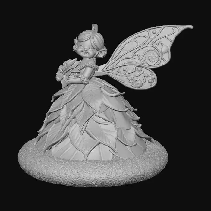 3D model for a tiny, cheerful fairy stands atop a sparkling snowbank, her joyful expression radiating warmth. She is dressed in a whimsical gown crafted from layered poinsettia leaves, the rich reds and greens forming a festive, elegant attire. Her wings are sculpted from thick, etched porcelain, gleaming with intricate patterns and a subtle iridescence. The fairy cradles a delicate bouquet of poinsettias rendered in the ornate cloisonné style, with metallic outlines and glossy enamel colors.