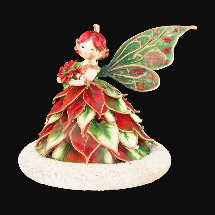 3D model for a tiny, cheerful fairy stands atop a sparkling snowbank, her joyful expression radiating warmth. She is dressed in a whimsical gown crafted from layered poinsettia leaves, the rich reds and greens forming a festive, elegant attire. Her wings are sculpted from thick, etched porcelain, gleaming with intricate patterns and a subtle iridescence. The fairy cradles a delicate bouquet of poinsettias rendered in the ornate cloisonné style, with metallic outlines and glossy enamel colors.