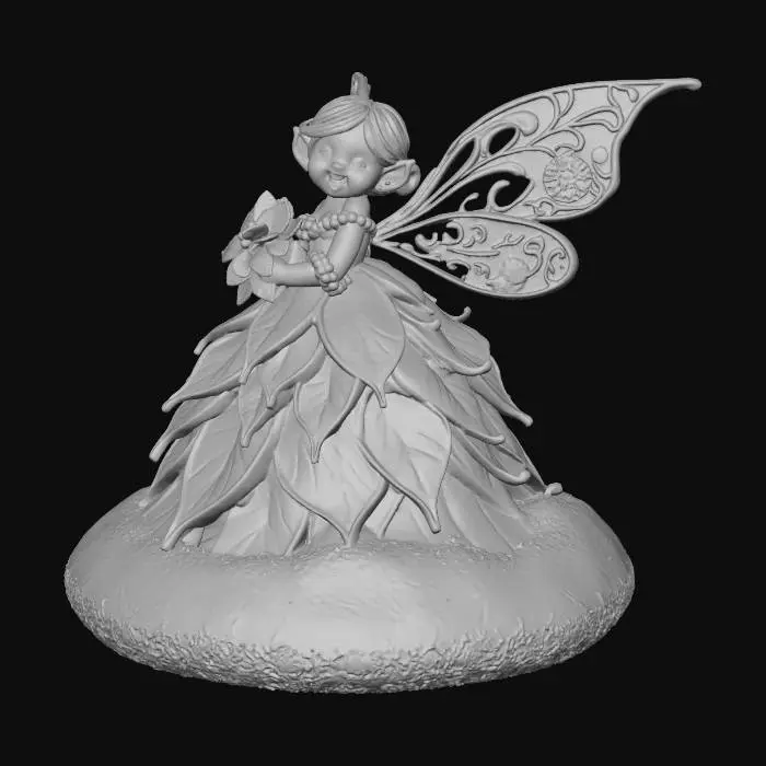 3D model for a tiny, cheerful fairy stands atop a sparkling snowbank, her joyful expression radiating warmth. She is dressed in a whimsical gown crafted from layered poinsettia leaves, the rich reds and greens forming a festive, elegant attire. Her wings are sculpted from thick, etched porcelain, gleaming with intricate patterns and a subtle iridescence. The fairy cradles a delicate bouquet of poinsettias rendered in the ornate cloisonné style, with metallic outlines and glossy enamel colors.