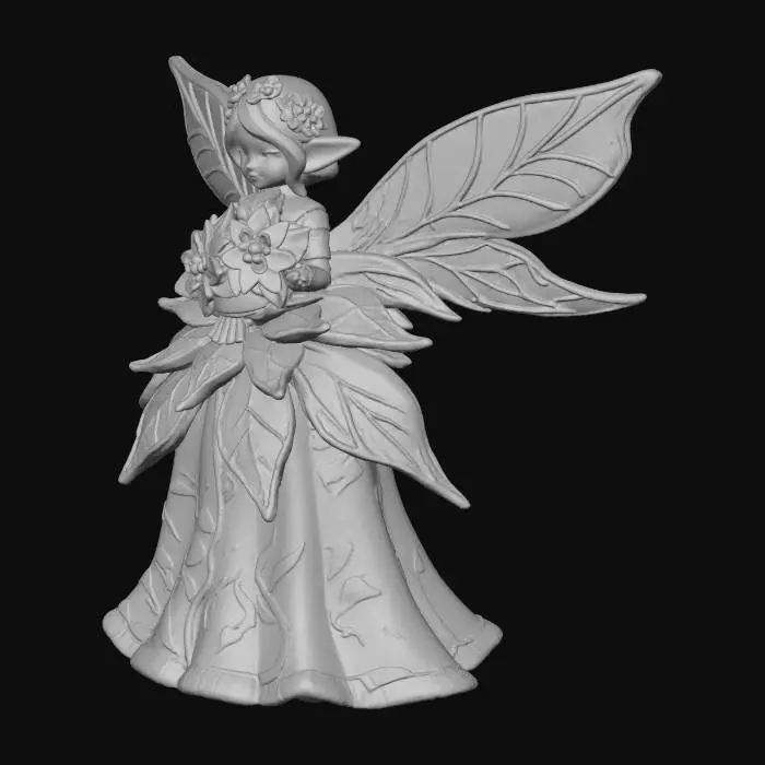 3D model for a tiny, cheerful fairy stands atop a sparkling snowbank, her joyful expression radiating warmth. She is dressed in a whimsical gown crafted from layered poinsettia leaves, the rich reds and greens forming a festive, elegant attire. Her wings are sculpted from thick, etched porcelain, gleaming with intricate patterns and a subtle iridescence. The fairy cradles a delicate bouquet of poinsettias rendered in the ornate cloisonné style, with metallic outlines and glossy enamel colors.