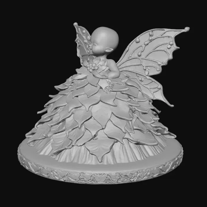 3D model for a tiny, cheerful fairy stands atop a sparkling snowbank, her joyful expression radiating warmth. She is dressed in a whimsical gown crafted from layered poinsettia leaves, the rich reds and greens forming a festive, elegant attire. Her wings are sculpted from thick, etched porcelain, gleaming with intricate patterns and a subtle iridescence. The fairy cradles a delicate bouquet of poinsettias rendered in the ornate cloisonné style, with metallic outlines and glossy enamel colors.