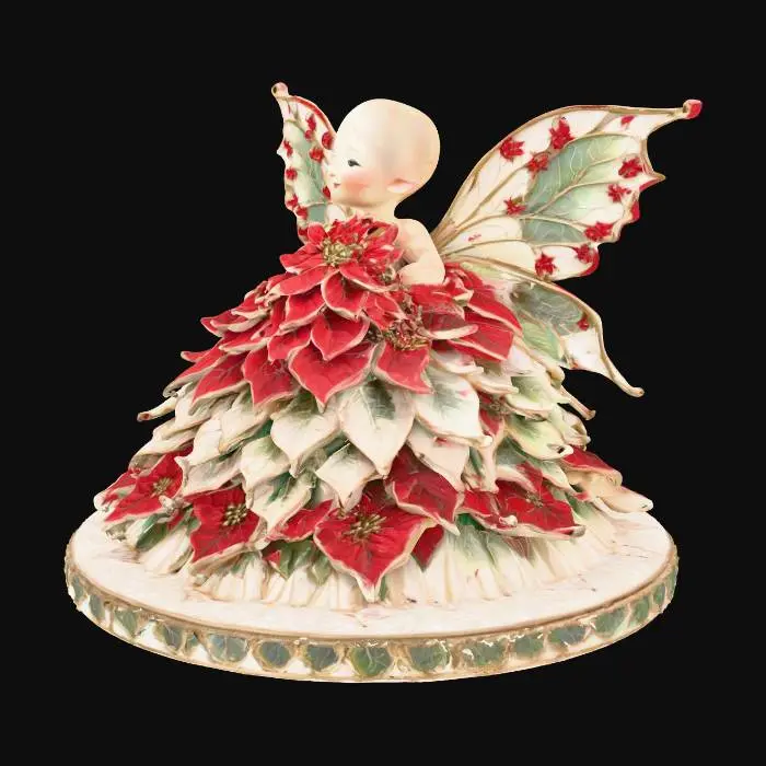 3D model for a tiny, cheerful fairy stands atop a sparkling snowbank, her joyful expression radiating warmth. She is dressed in a whimsical gown crafted from layered poinsettia leaves, the rich reds and greens forming a festive, elegant attire. Her wings are sculpted from thick, etched porcelain, gleaming with intricate patterns and a subtle iridescence. The fairy cradles a delicate bouquet of poinsettias rendered in the ornate cloisonné style, with metallic outlines and glossy enamel colors.