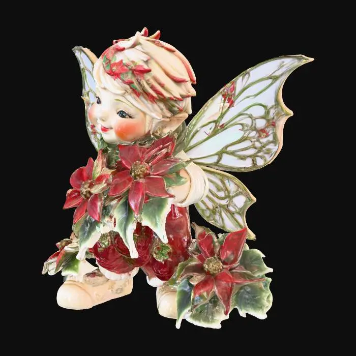 3D model for a tiny, cheerful male fairy stands atop a sparkling snowbank, his joyful expression radiating warmth. He is dressed in a whimsical outfit crafted from layered poinsettia leaves, the rich reds and greens forming a festive, elegant attire. His wings are sculpted from thick, etched porcelain, gleaming with intricate patterns and a subtle iridescence. The fairy cradles a delicate bouquet of poinsettias rendered in the ornate cloisonné style, with metallic outlines and glossy enamel colors.