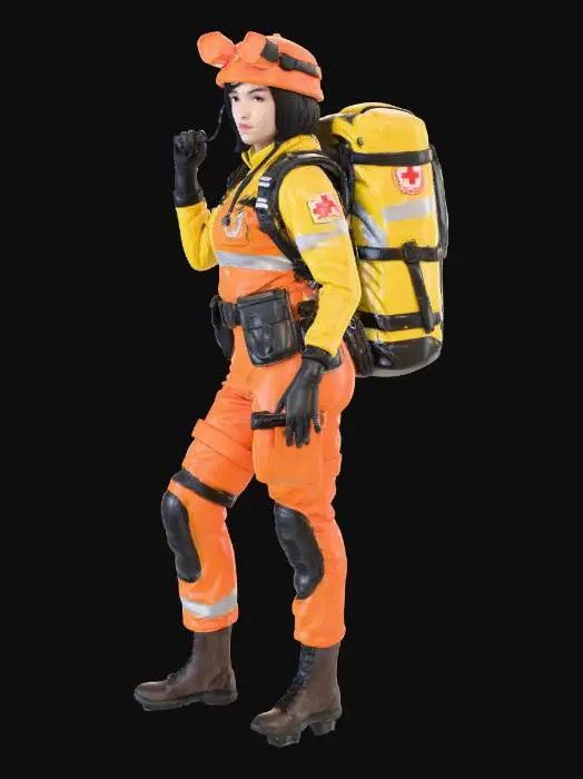 3D model for Professional cave rescue medic, female, 32-38 years old, athletic fit build, compassionate warm facial expression, medium length brown hair in practical ponytail, wearing orange and yellow tactical rescue suit with red cross medical symbols on chest and shoulders, white reflective medical stripes, larger medical backpack with red cross emblem, medical utility belt with first aid pouches, stethoscope around neck, nitrile gloves on belt, orange rescue helmet with dual LED lights, caring expression, photorealistic textures, detailed fabric wrinkles, 8K resolution, full body A-pose, white background, game-ready model woman