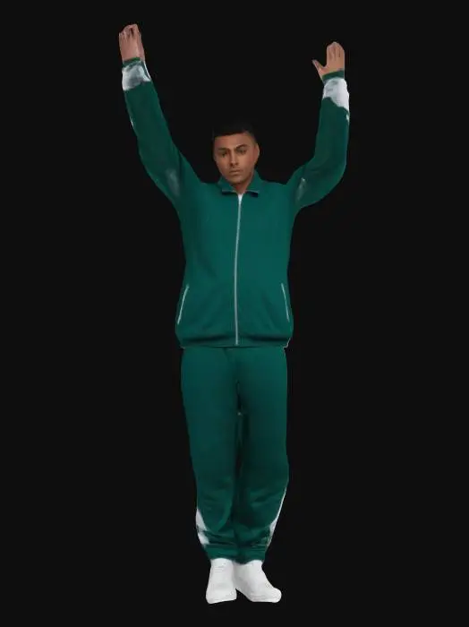 3D model for one man t-pose, deep green tracksuit with white bands on shoulders sleeves, zipper on the tracksuit vest, a white number is printed on the top left chest, white sneakers, squid game player costume