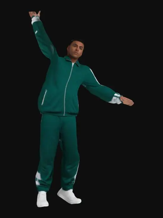 3D model for one man t-pose, deep green tracksuit with white bands on shoulders sleeves, zipper on the tracksuit vest, a white number is printed on the top left chest, white sneakers, squid game player costume