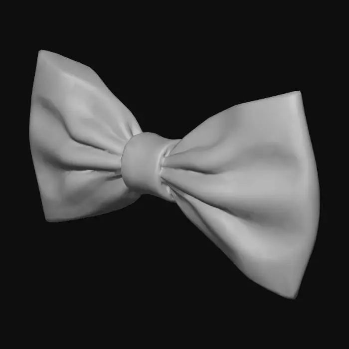 3D model for A 3D model of a late 19th century / early 20th century men's bow tie. 
Symmetrical, wide butterfly shape with soft folds in the fabric. 
Matte surface, plain dark or neutral material. 
No textures, no shadows, no reflections. 
Neutral flat shading, clean geometry only. 
Centered, isolated object on transparent background.