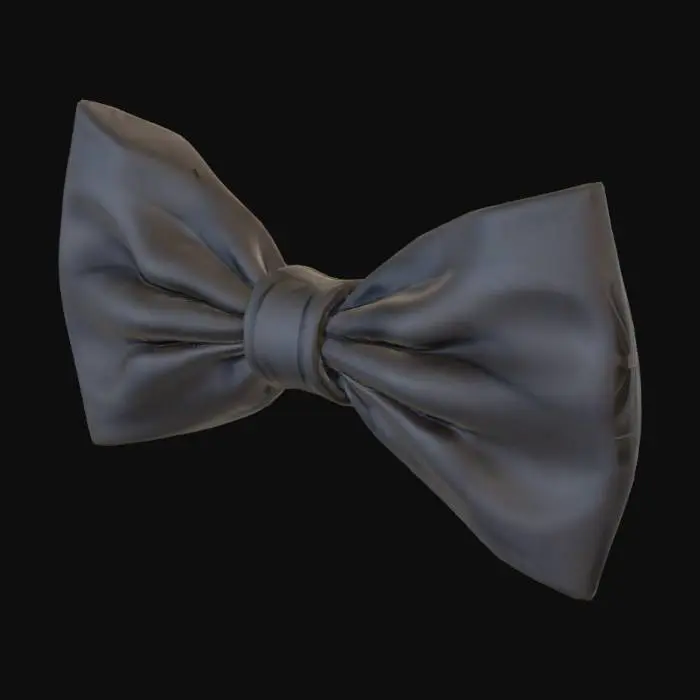 3D model for A 3D model of a late 19th century / early 20th century men's bow tie. 
Symmetrical, wide butterfly shape with soft folds in the fabric. 
Matte surface, plain dark or neutral material. 
No textures, no shadows, no reflections. 
Neutral flat shading, clean geometry only. 
Centered, isolated object on transparent background.