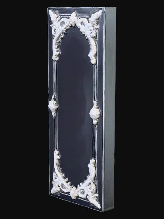 3D model for An elegant, sturdy rectangular wall panel with a deep, glossy black lacquered finish, giving it a profound, almost wet appearance. The surface is perfectly smooth and highly reflective. Adorning the top edge and gently curving down the upper sides are intricate, stylized silver filigree detailing. These decorative elements possess a bright, polished metallic sheen and feel cool. Detailings are only on the edges of the wall onh the top side, leaving it extra smooth. The detailings are minimalistic and on the smooth surface of wall You can notice  barely silver, wolfs claws scratches