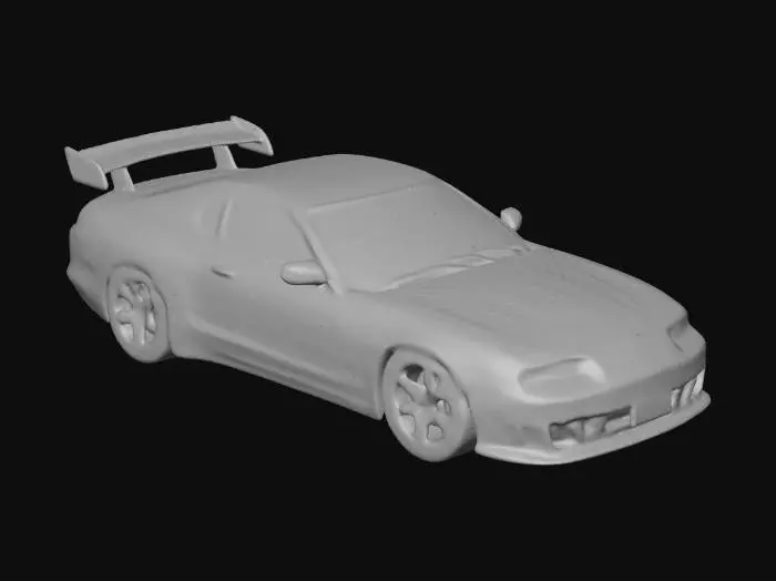 3D model for A highly detailed 3D model of a 1994 Toyota Supra Turbo (A80), factory stock condition, iconic Renaissance Red paint, high-gloss finish, original 5-spoke alloy wheels, signature large rear wing, detailed headlights and taillights, smooth aerodynamic curves, studio lighting, high resolution, 4k.