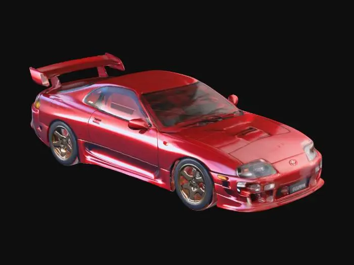3D model for A highly detailed 3D model of a 1994 Toyota Supra Turbo (A80), factory stock condition, iconic Renaissance Red paint, high-gloss finish, original 5-spoke alloy wheels, signature large rear wing, detailed headlights and taillights, smooth aerodynamic curves, studio lighting, high resolution, 4k.