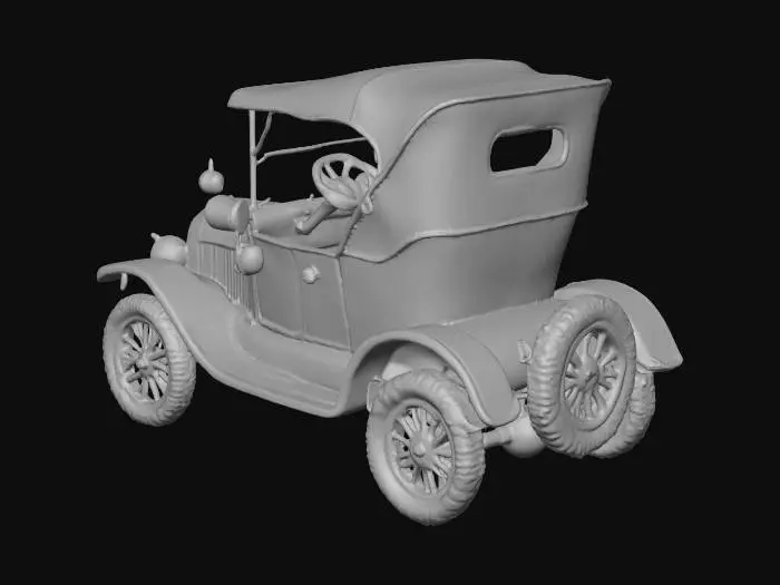 3D model for a vintage automobile from the early 20th century with a black folding canvas roof, a red body and black fenders, brass fittings and prominent front lights; the wheels are wire-spoked with yellow rims and the vehicle is moving on a textured surface resembling snow or ice