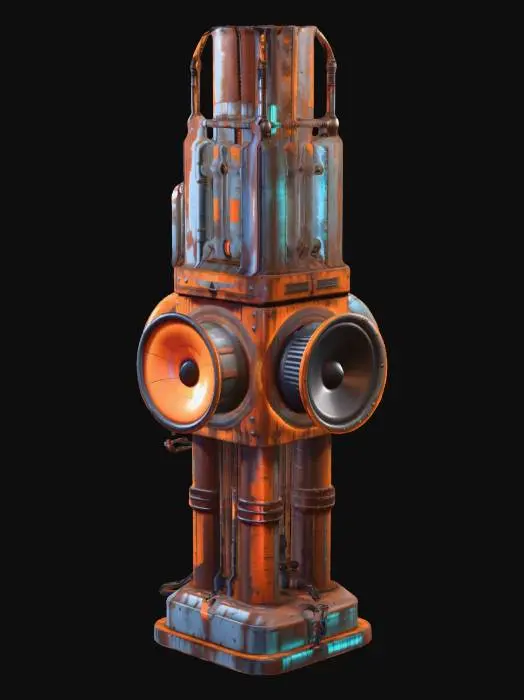 3D model for A futuristic industrial totem, mechanical pillars with integrated oversized subwoofer speakers, rusted metal textures, hydraulic pipes and glowing orange neon wires, aggressive sci-fi aesthetic, early 2000s hardstyle rave stage prop, high detail, sharp edges, 8k resolution