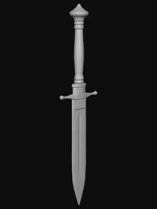 3D model for Bronze age ceremonial dagger, solid cast bronze, oxidized green patina with metallic bronze highlights, intricate geometric engravings on the hilt, ancient weathered texture, realistic historical artifact, museum quality, high detail, 4k.