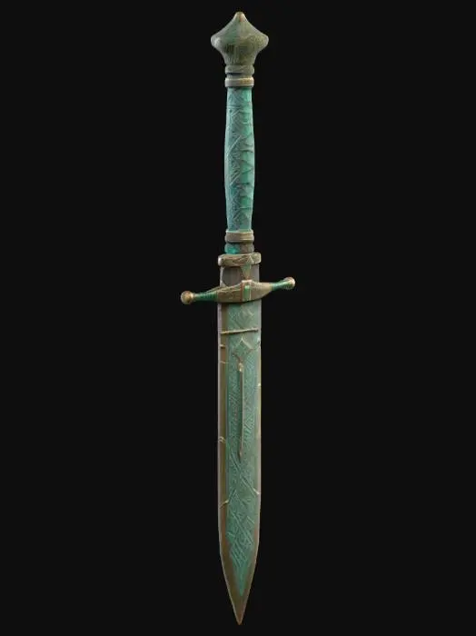 3D model for Bronze age ceremonial dagger, solid cast bronze, oxidized green patina with metallic bronze highlights, intricate geometric engravings on the hilt, ancient weathered texture, realistic historical artifact, museum quality, high detail, 4k.