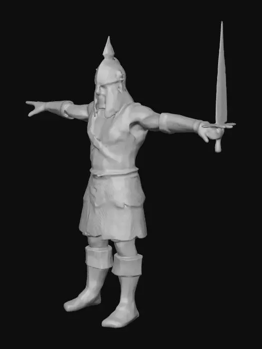3D model for A detailed Iron Age Celtic warrior standing in T-pose, wearing a chainmail tunic, leather bracers, and a bronze helmet with cheek guards. Rugged facial features, long hair, holding a long iron sword. High quality, photorealistic, 4k textures, historical accuracy, hand-painted texture style.