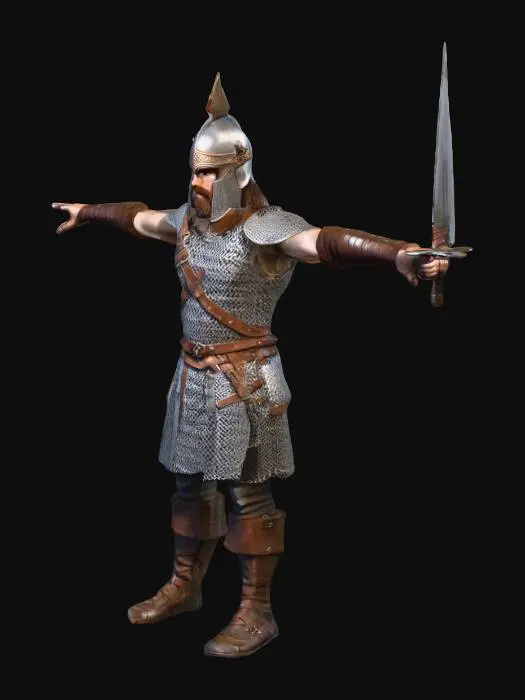 3D model for A detailed Iron Age Celtic warrior standing in T-pose, wearing a chainmail tunic, leather bracers, and a bronze helmet with cheek guards. Rugged facial features, long hair, holding a long iron sword. High quality, photorealistic, 4k textures, historical accuracy, hand-painted texture style.