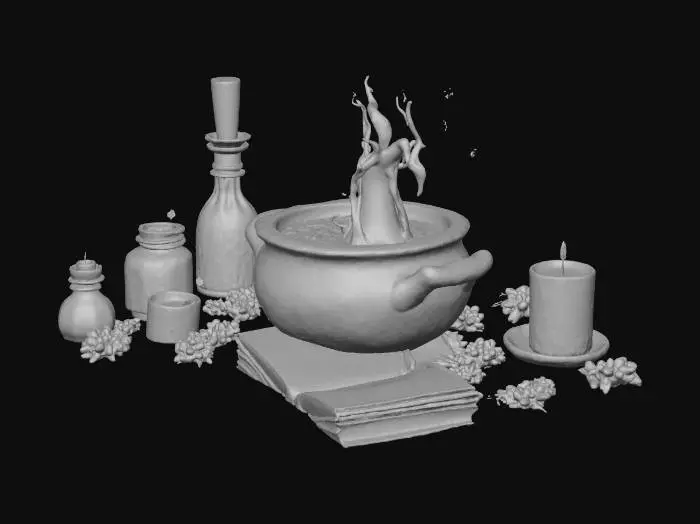 3D model for Witch's cauldron with bubbling green potion, surrounded by candles, a spellbook, and potion bottles, with swirling magical smoke. High detail. #Halloween2025#