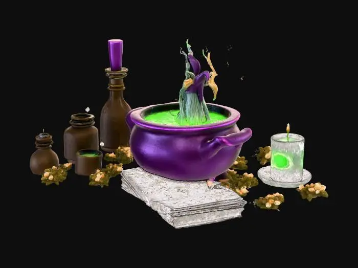 3D model for Witch's cauldron with bubbling green potion, surrounded by candles, a spellbook, and potion bottles, with swirling magical smoke. High detail. #Halloween2025#