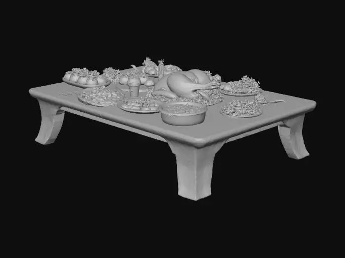 3D model for create me a table with food different viarety for Thanksgiving
with the table please
create it appetizing 


#Thanksgiving#,