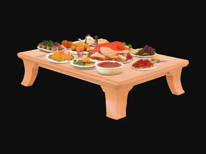 3D model for create me a table with food different viarety for Thanksgiving
with the table please
create it appetizing 


#Thanksgiving#,