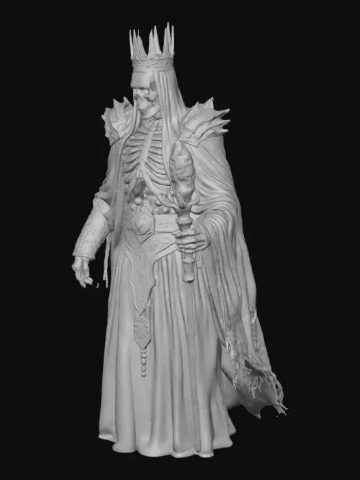 3D model for Full-body undead lich king standing amid swirling ash and mist, skeletal face with ember-glowing eyes and cracked skull crown, tattered royal robes woven with ancient runes and gold embroidery, exposed ribs pulsing with molten light, bone-crafted staff topped with a cursed crystal, dark fog and faint candlelight reflections, cinematic volumetric lighting, ultra-realistic matte textures, materials of bone, velvet, and obsidian, dark fantasy horror tone — #Halloween2025#, #DarkHorror #Lich #UndeadKing #Fantasy #Spooky,