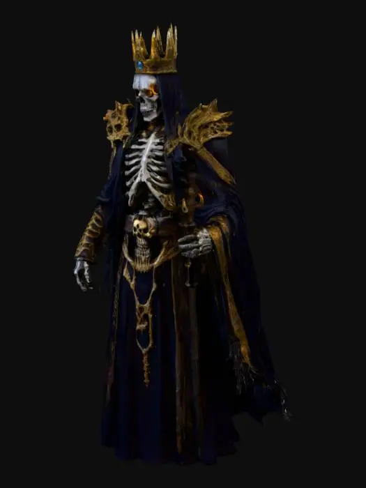 3D model for Full-body undead lich king standing amid swirling ash and mist, skeletal face with ember-glowing eyes and cracked skull crown, tattered royal robes woven with ancient runes and gold embroidery, exposed ribs pulsing with molten light, bone-crafted staff topped with a cursed crystal, dark fog and faint candlelight reflections, cinematic volumetric lighting, ultra-realistic matte textures, materials of bone, velvet, and obsidian, dark fantasy horror tone — #Halloween2025#, #DarkHorror #Lich #UndeadKing #Fantasy #Spooky,