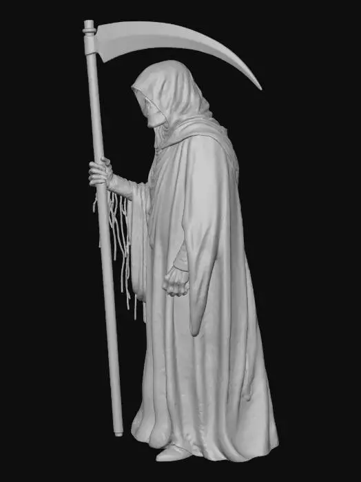 3D model for Grim reaper wielding a large scythe, walking through dense fog in an ancient graveyard, tattered cloak billowing. High detail. #Halloween2025#