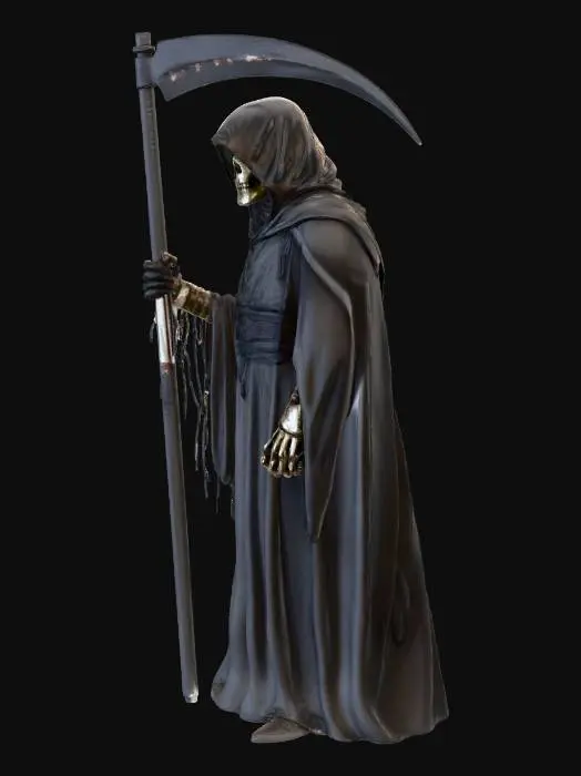3D model for Grim reaper wielding a large scythe, walking through dense fog in an ancient graveyard, tattered cloak billowing. High detail. #Halloween2025#