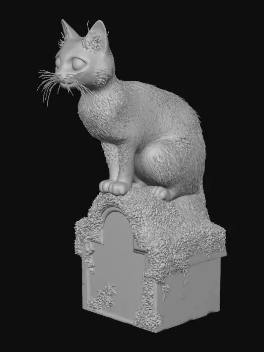 3D model for Ghost cat perched on a moss-covered tombstone, glowing yellow eyes, ethereal mist swirling around, cemetery environment with scattered fallen leaves. High detail. #Halloween2025#