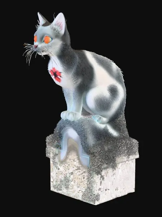 3D model for Ghost cat perched on a moss-covered tombstone, glowing yellow eyes, ethereal mist swirling around, cemetery environment with scattered fallen leaves. High detail. #Halloween2025#