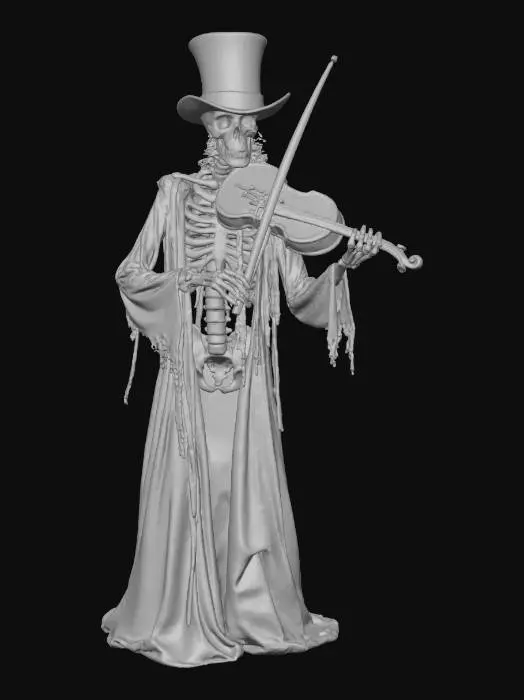3D model for Skeleton playing violin under a moonlit sky, wearing tattered clothes and a top hat, standing among swirling autumn leaves in a graveyard. High detail. #Halloween2025#