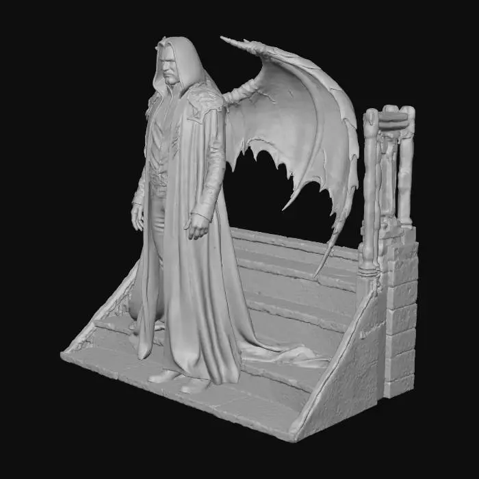 3D model for Vampire lord with dark cloak and bat wings, sharp fangs, standing on a gothic staircase under a crimson moon, swirling mist and bats around. High detail. #Halloween2025#