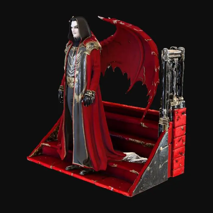 3D model for Vampire lord with dark cloak and bat wings, sharp fangs, standing on a gothic staircase under a crimson moon, swirling mist and bats around. High detail. #Halloween2025#