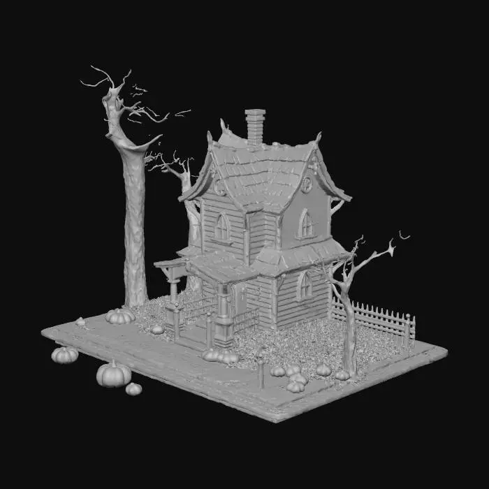 3D model for Haunted house with crooked roof and glowing windows, surrounded by dead trees, a full moon in the background, and a pumpkin patch in the front yard. High detail. #Halloween2025#