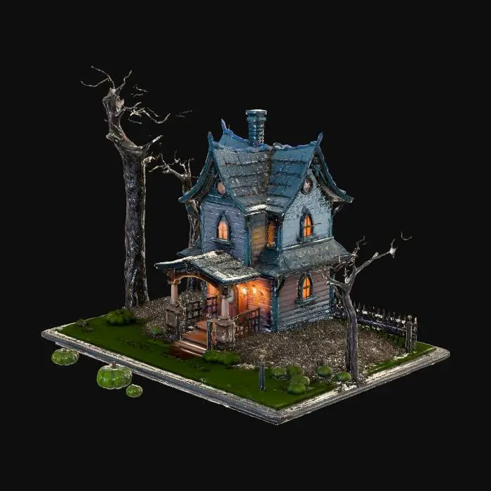 3D model for Haunted house with crooked roof and glowing windows, surrounded by dead trees, a full moon in the background, and a pumpkin patch in the front yard. High detail. #Halloween2025#
