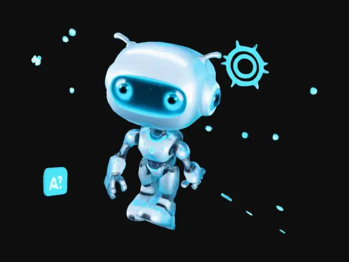 3D model for A 3D cartoon-style AI mascot with a futuristic yet friendly look, featuring glowing eyes or digital facial expressions. The design combines human warmth with robotic precision — soft rounded body, metallic and silicone textures, and a teal-blue glowing accent. The mascot is floating slightly, surrounded by holographic icons and sparkles. Use soft studio lighting, bright blue and teal palette with coral and yellow highlights. Pixar-quality render, clean minimal background, ultra-realistic 3D shading.

Use for: Mobile App