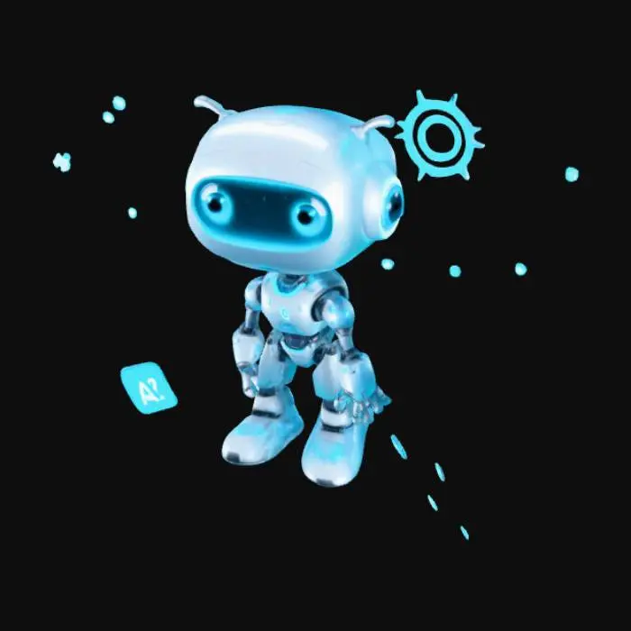 3D model for A 3D cartoon-style AI mascot with a futuristic yet friendly look, featuring glowing eyes or digital facial expressions. The design combines human warmth with robotic precision — soft rounded body, metallic and silicone textures, and a teal-blue glowing accent. The mascot is floating slightly, surrounded by holographic icons and sparkles. Use soft studio lighting, bright blue and teal palette with coral and yellow highlights. Pixar-quality render, clean minimal background, ultra-realistic 3D shading.

Use for: Mobile App