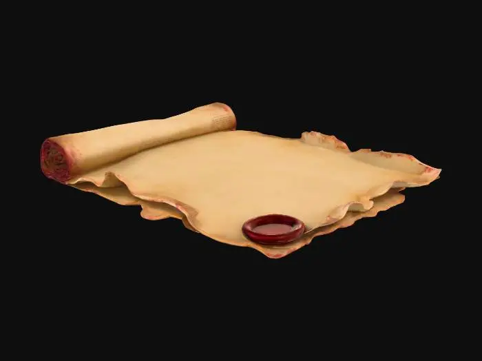 3D model for “A yellowed parchment letter sealed with dark red wax, vintage texture, 3D render, realistic”