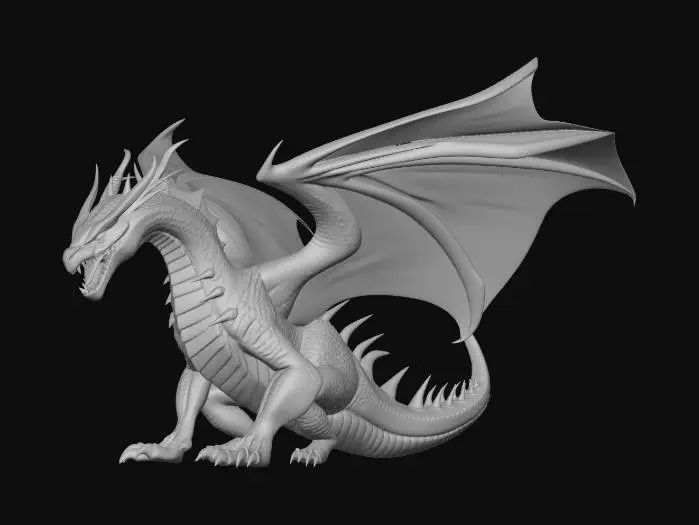 3D model for Могучий огненный дракон с телом, покрытым крупными, раскаленными докрасна чешуйками, переливающимися оттенками расплавленного золота, глубокого апельсина и угольно-черного. Его огромные кожистые крылья пронизаны светящимися венами, похожими на лаву. Острые когти и шипы на спине выполнены из вулканического обсидиана, придавая ему грозный вид. Из ноздрей клубится дым, а глаза светятся интенсивным, желто-оранжевым пламенем, подчеркивая его древнюю и могучую природу.