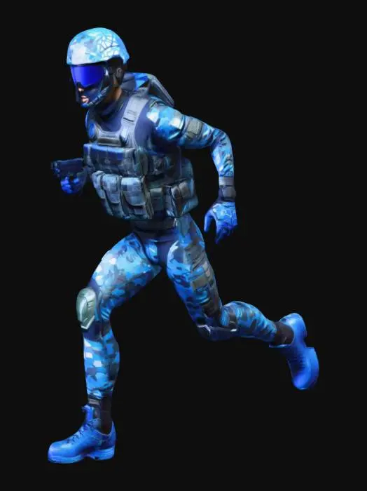 3D model for A futuristic soldier in a dynamic running pose, wearing a camouflage combat suit and wielding a high-tech weapon. The soldier wears a bright camouflage helmet with a blue-toned reflective visor. The gloves and shoes feature camouflage details with geometric patterns. The background is entirely black, creating a strong contrast with the camouflage suit. The scene features studio lighting, highlighting the body contours and the texture of the suit. The overall style is ultra-clean, modern, high-tech, dynamic, and energetic. 8K, hyper-detailed, sharp focus.