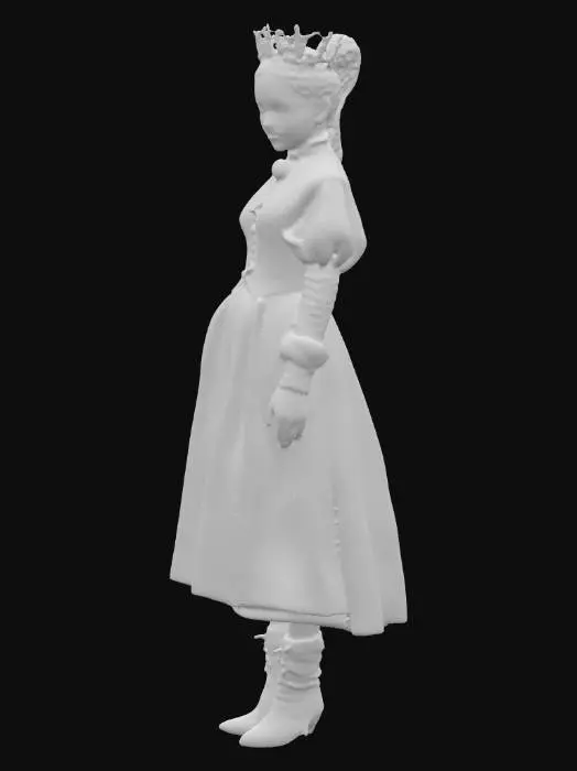 3D model for RED QUEEN AI from Resident Evil movie, a holographic projection of a young girl with pale skin, in a elegant red Victorian dress, standing in a high-tech Umbrella Corporation laboratory, surrounded by servers and computer interfaces, cinematic lighting, photorealistic, high detail