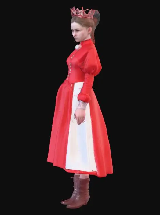 3D model for RED QUEEN AI from Resident Evil movie, a holographic projection of a young girl with pale skin, in a elegant red Victorian dress, standing in a high-tech Umbrella Corporation laboratory, surrounded by servers and computer interfaces, cinematic lighting, photorealistic, high detail