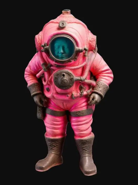 3D model for Full-body 19th-century scuba diver sculpted in neon pink clay. Detailed historical outfit with intricate textures, realistic depth, and shadows.