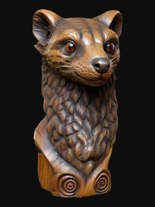 3D model for Fantasy, Highly Detailed, Ultra Realistic, Wooden Carved bust statue of a weasel.