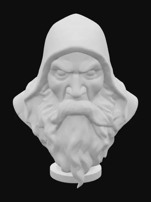 3D model for A metal brass hood ornament of a scowling bearded hermit. Realistic lighting and shadows. 4k.