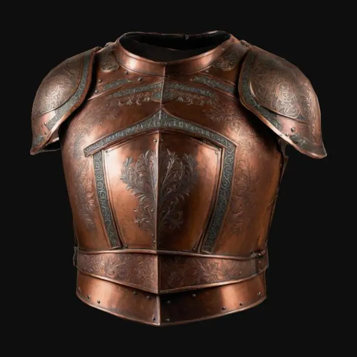 3D model for The object features a copper plated, maximilian style armor pauldron from 16th century germany. It is ornate, covered in forest engravings, and is superbly crafted for the rigors medieval warfare.
