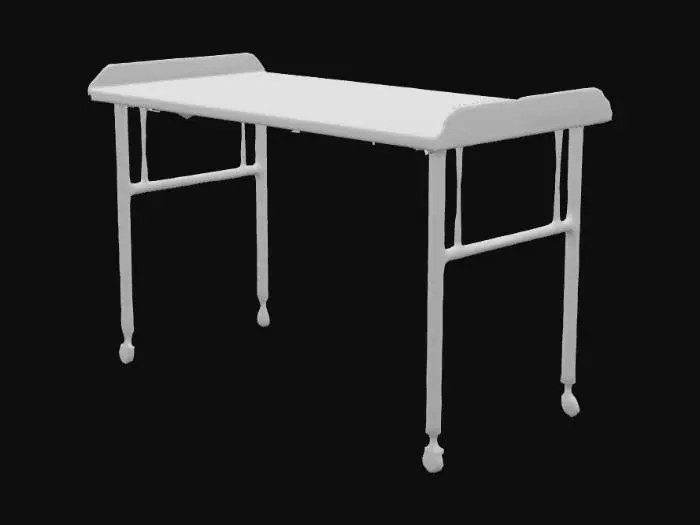 3D model for Una mesa de laboratorio de superficie lisa y resistente, diseñada con líneas limpias y funcionales. La encimera es de un material laminado o resina fenólica de color gris claro o blanco, no poroso y altamente resistente a químicos y arañazos. Su estructura es robusta, con patas de metal tubular de acero inoxidable pulido o con recubrimiento en polvo oscuro, que le otorgan estabilidad y durabilidad. Presenta bordes rectos y un aspecto utilitario.
