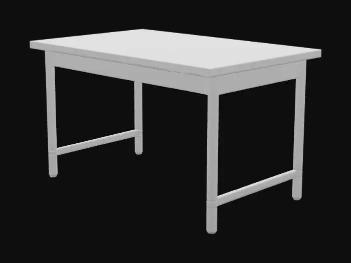 3D model for Una mesa de laboratorio de superficie lisa y resistente, diseñada con líneas limpias y funcionales. La encimera es de un material laminado o resina fenólica de color gris claro o blanco, no poroso y altamente resistente a químicos y arañazos. Su estructura es robusta, con patas de metal tubular de acero inoxidable pulido o con recubrimiento en polvo oscuro, que le otorgan estabilidad y durabilidad. Presenta bordes rectos y un aspecto utilitario.